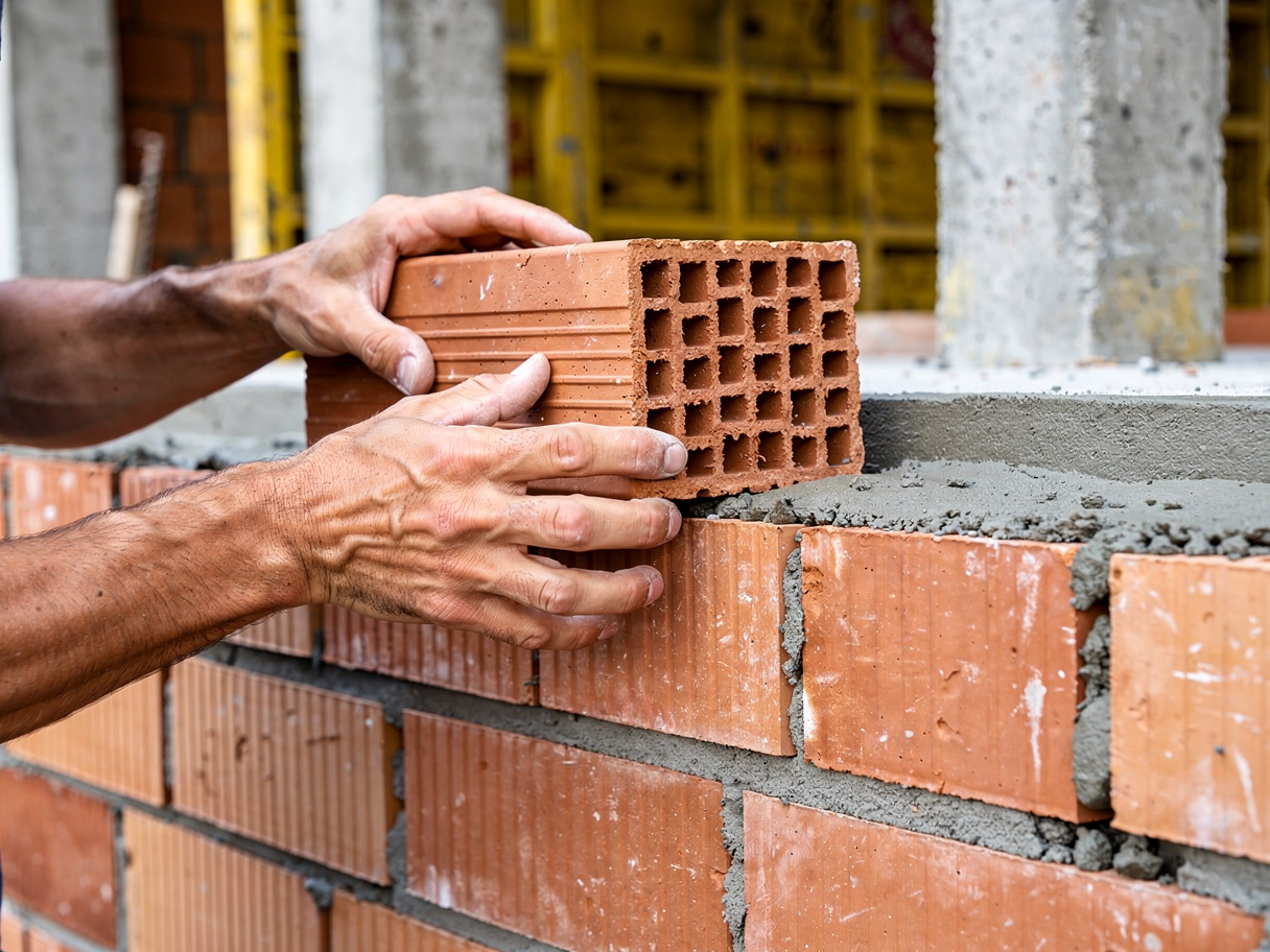 Muratore posa blocchi in laterizio su una parete portante in un cantiere di costruzione civile.