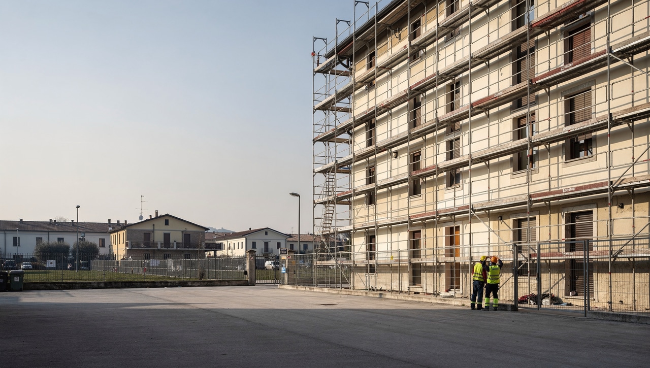 Cantiere edile in Lombardia: palazzina residenziale con impalcatura e operai al lavoro sulla facciata.